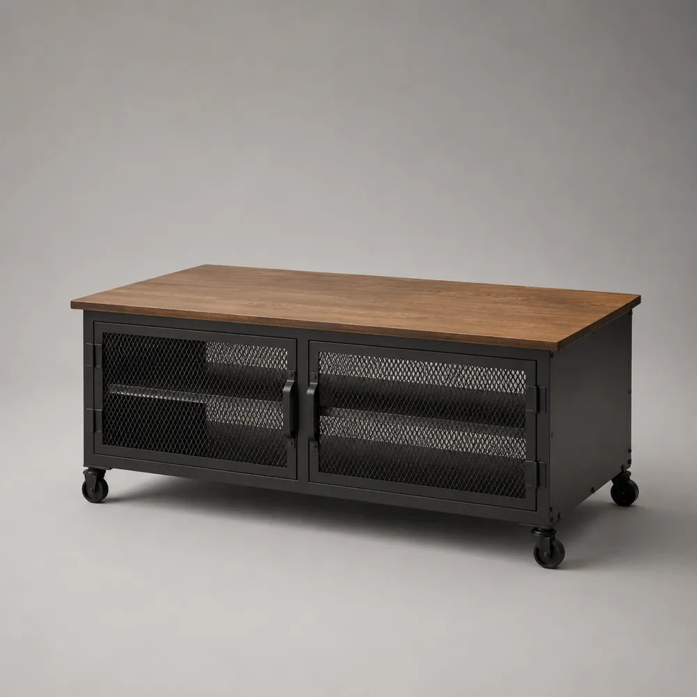 Table basse rectangulaire 120x60x45 cm avec portes grillagées en acier et plateau MDF effet noyer noir