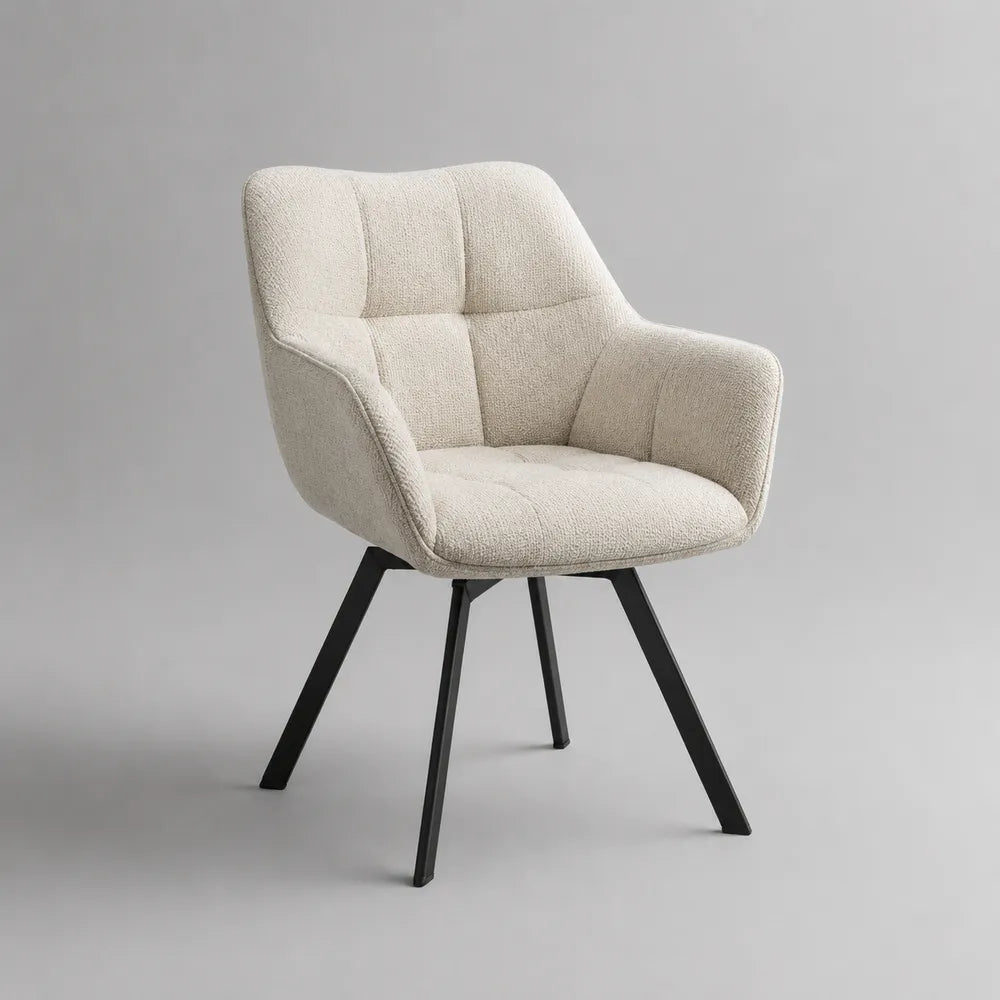 Fauteuil de salle à manger rembourré en tissu beige avec pieds en acier noir 60 x 65 x 85 cm