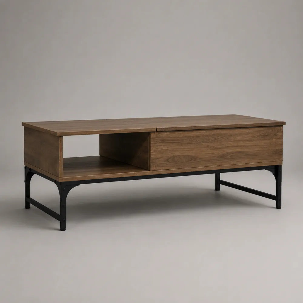 Table basse rectangulaire 140x70x45 cm en MDF effet noyer avec tiroir niche ouverte et pieds en acier noir