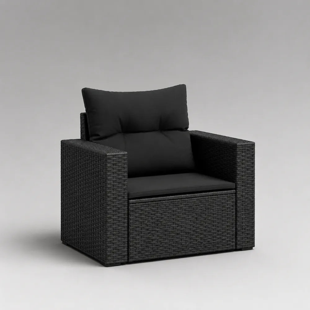 Fauteuil de jardin 90 x 85 x 75 cm en résine tressée noire avec coussin noir une place