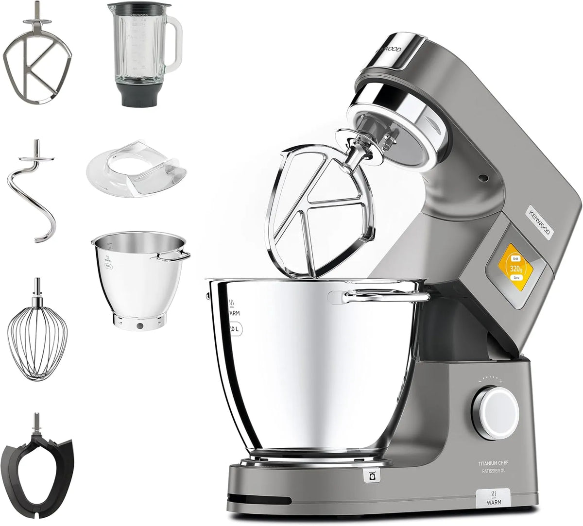 Kenwood modèle KWL90.034SI, puissance 1400W, Titanium Chef Patissier XL, Acier, Robot Patissier Balance Intégrée, Batteur K, Pétrin, Fouet, Deux Bols