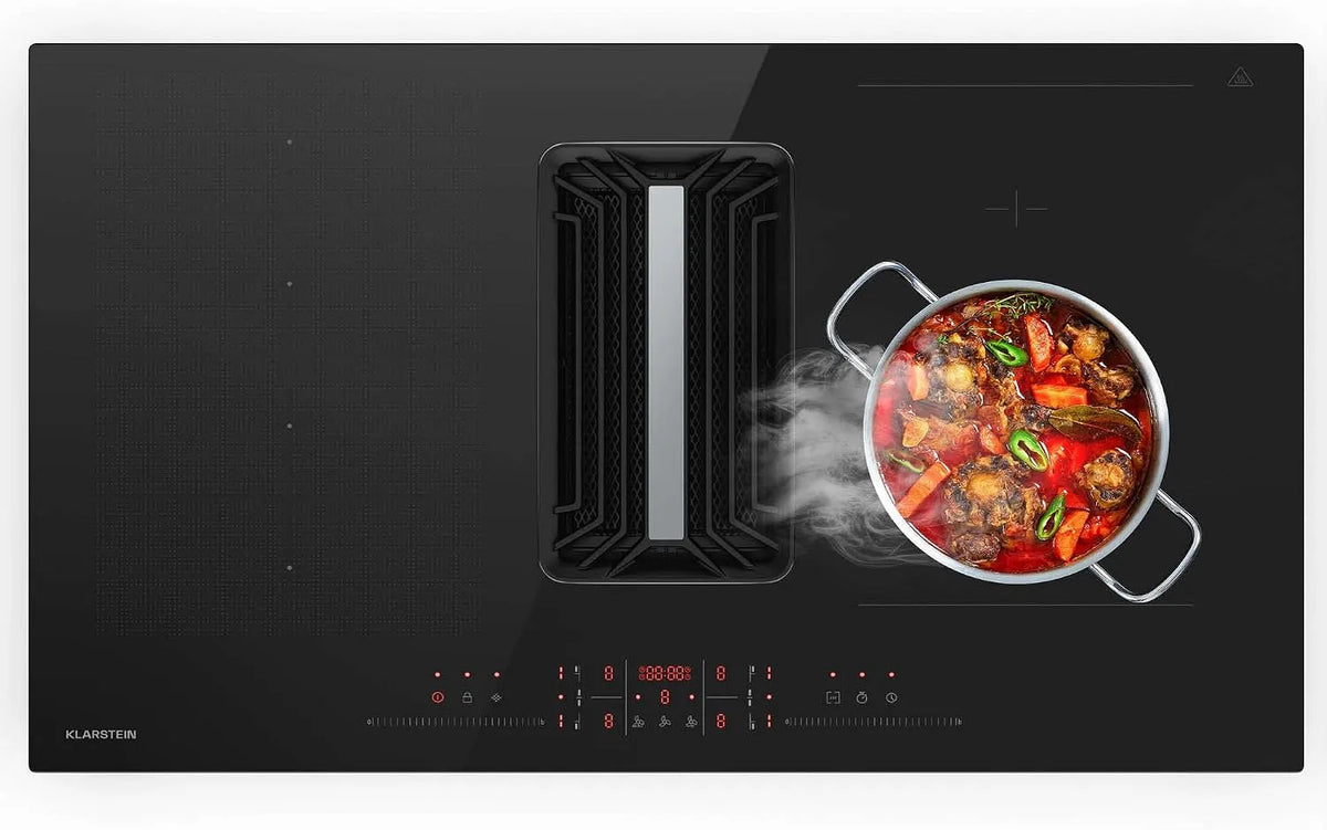 Table Klarstein, puissance 12 kW, largeur 90 cm, 9 Niveaux, CEE A++, AirJet Hybrid à induction avec Hotte intégrée, 58 dB, 750 m³/h, Commande tactile