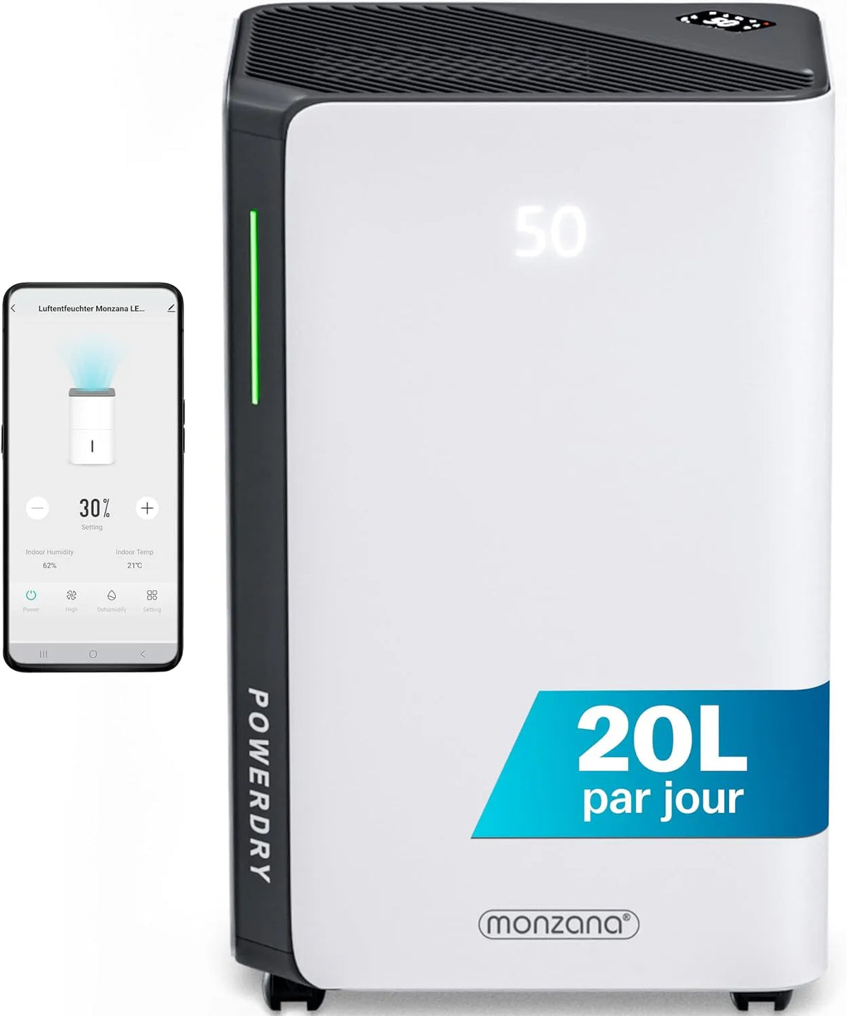Déshumidificateur 24h Monzana, d'air 20L, Jour 30 m², WiFi Smart Home App, Absorbeur d'Humidité Automatique