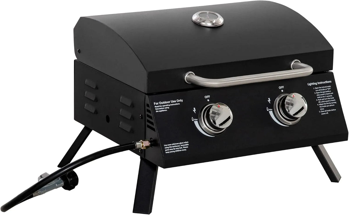 Outsunny barbecue à gaz, de Table transportable Pieds Pliables, 2 brûleurs 5 KW, de Camping, Grille de Cuisson, réceptacle Graisse, thermomètre