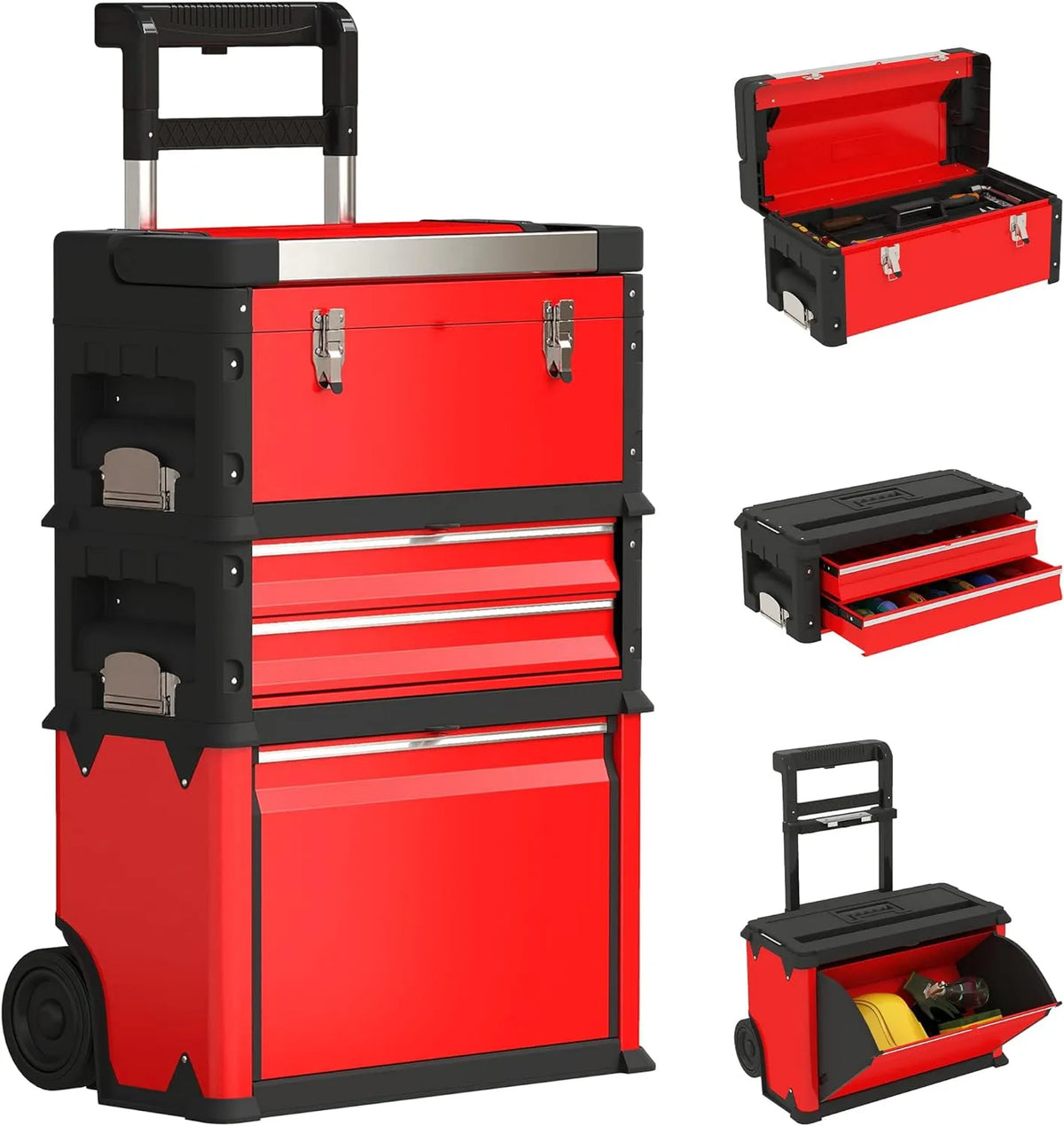 Homcom, poignées et serrure, Lot de 3 boîtes à outils sur roulettes empilables et modulaires, rouge, pour garage et entrepôt