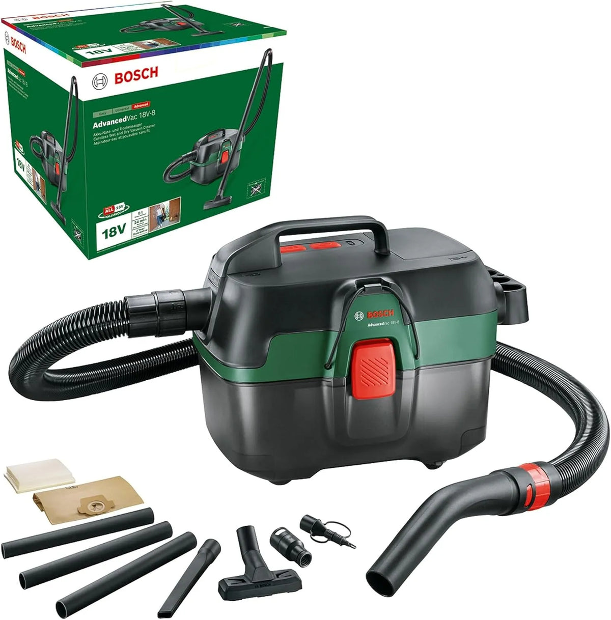 Bosch aspirateur 18V-8, système 18V, d'Eau et poussière sans Fil AdvancedVac, sans Batterie, Set d'Accessoires Inclus, dans Un Emballage en Carton