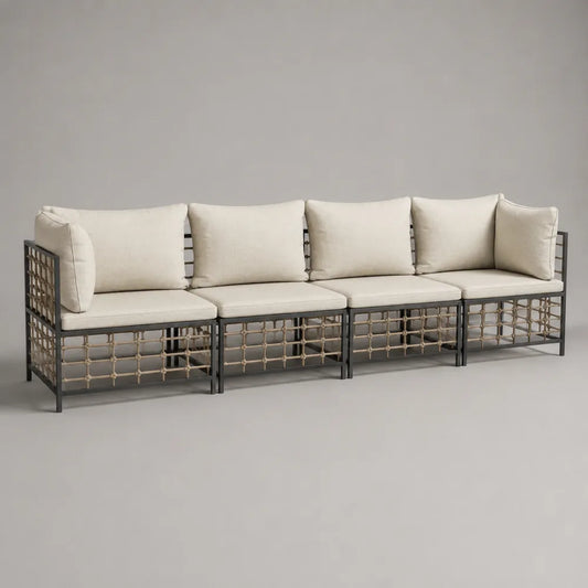 Canapé de jardin modulable 280 x 80 x 70 cm en acier noir et corde tressée beige avec coussins