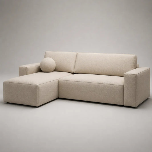 Canapé d'angle 280 x 160 x 85 cm en tissu polyester beige avec méridienne gauche