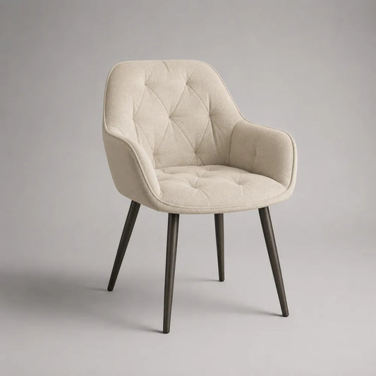 Fauteuil de salle à manger avec accoudoirs en tissu beige et pieds en acier noir 60 x 65 x 85 cm
