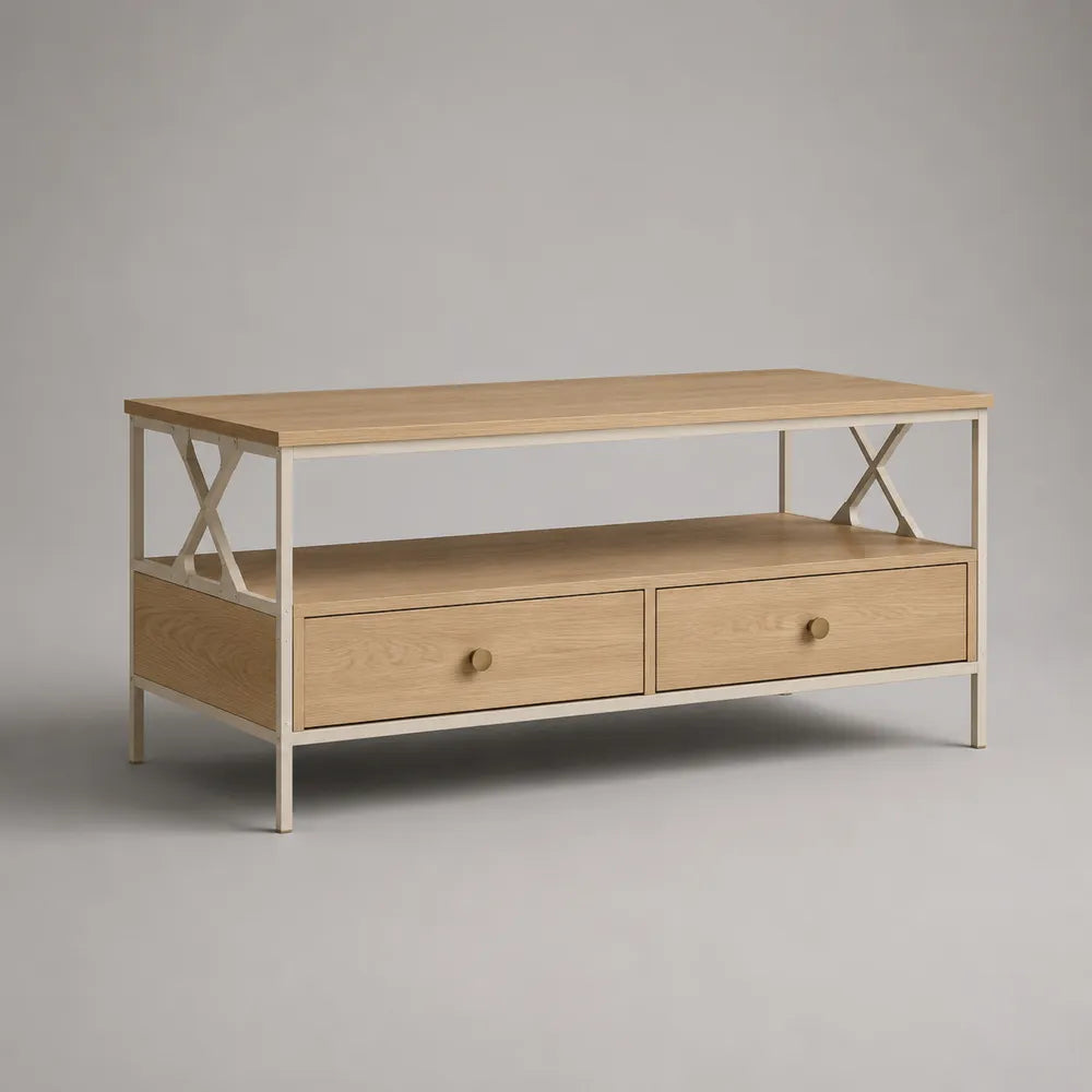 Table basse 120 x 60 x 45 cm MDF chêne clair et acier blanc rectangulaire avec tiroirs