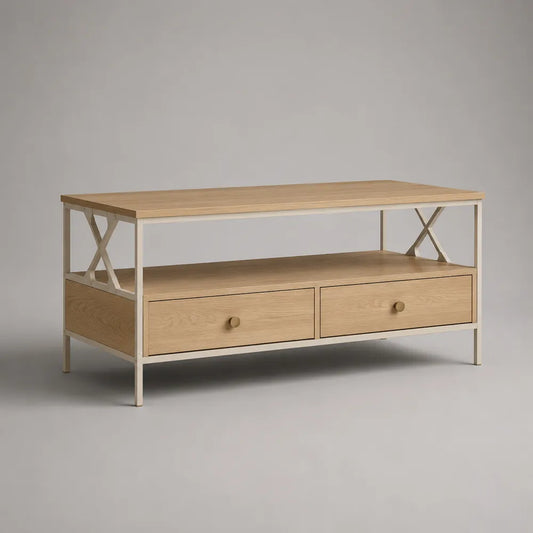 Table basse 120 x 60 x 45 cm MDF chêne clair et acier blanc rectangulaire avec tiroirs
