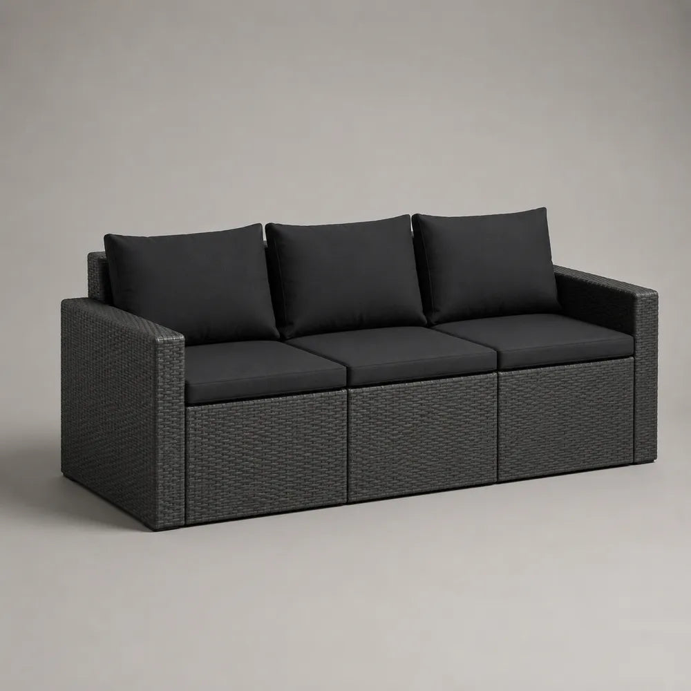 Canapé de jardin 220 x 80 x 75 cm en résine tressée noire avec coussins noirs 3 places