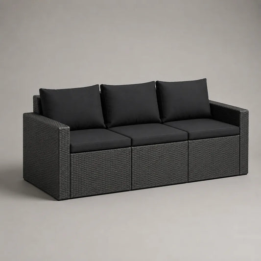 Canapé de jardin 220 x 80 x 75 cm en résine tressée noire avec coussins noirs 3 places