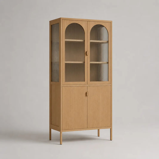 Buffet de cuisine haut 90 x 40 x 180 cm en MDF effet chêne naturel avec portes vitrées et portes fermées