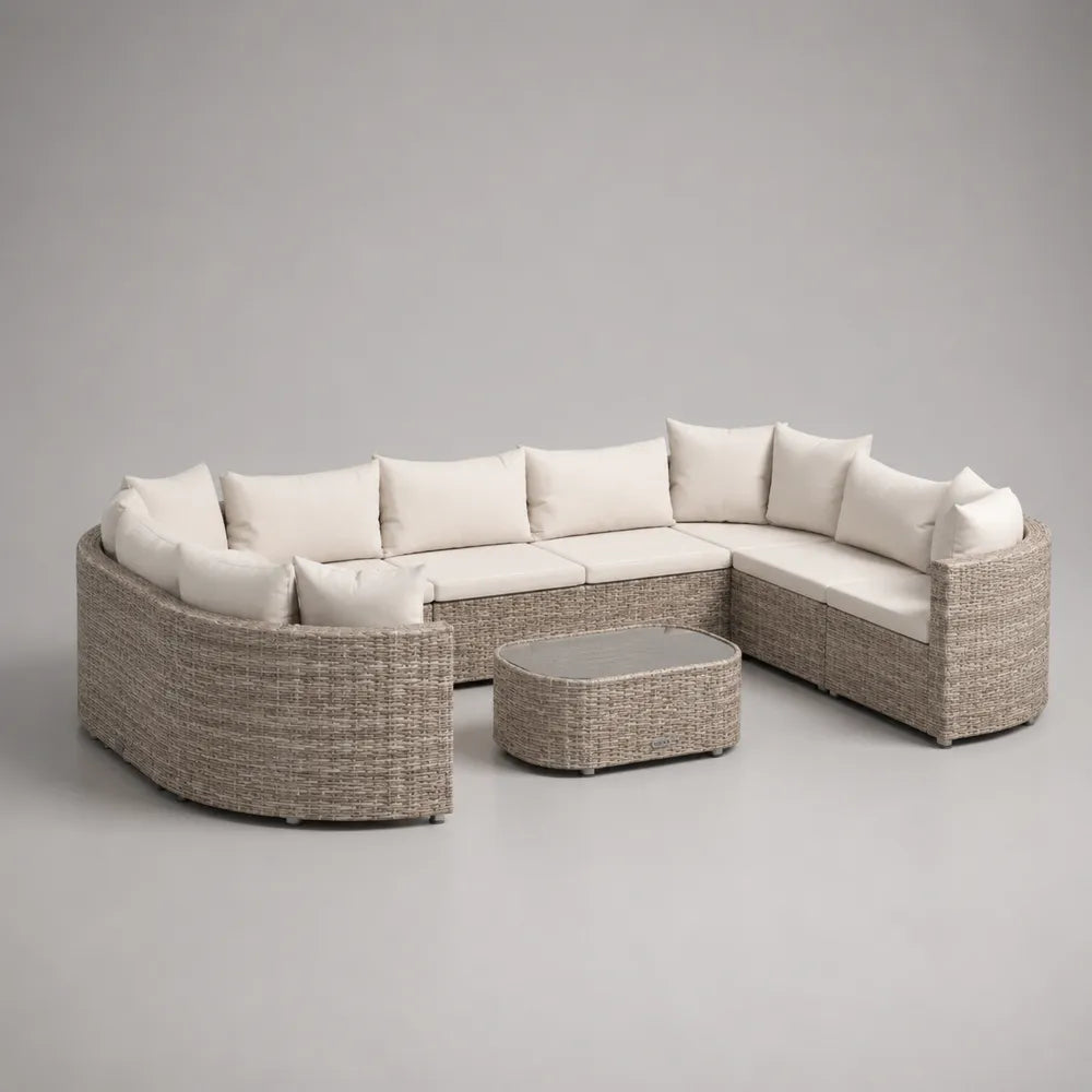 Salon de jardin d'angle 320 x 260 x 75 cm résine tressée beige avec coussins écrus et table basse