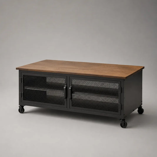 Table basse rectangulaire 120x60x45 cm avec portes grillagées en acier et plateau MDF effet noyer noir