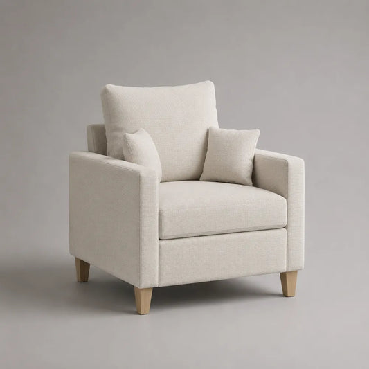 Fauteuil rembourré 80 x 85 x 85 cm en tissu polyester beige avec pieds en bois