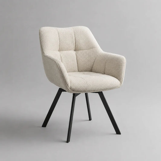Fauteuil de salle à manger rembourré en tissu beige avec pieds en acier noir 60 x 65 x 85 cm