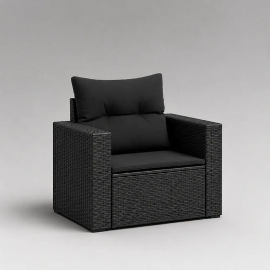 Fauteuil de jardin 90 x 85 x 75 cm en résine tressée noire avec coussin noir une place