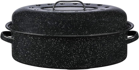 Cocotte Graniteware, Roaster en acier émaillé 8L, 1- finition noire, Très légère, Grand format